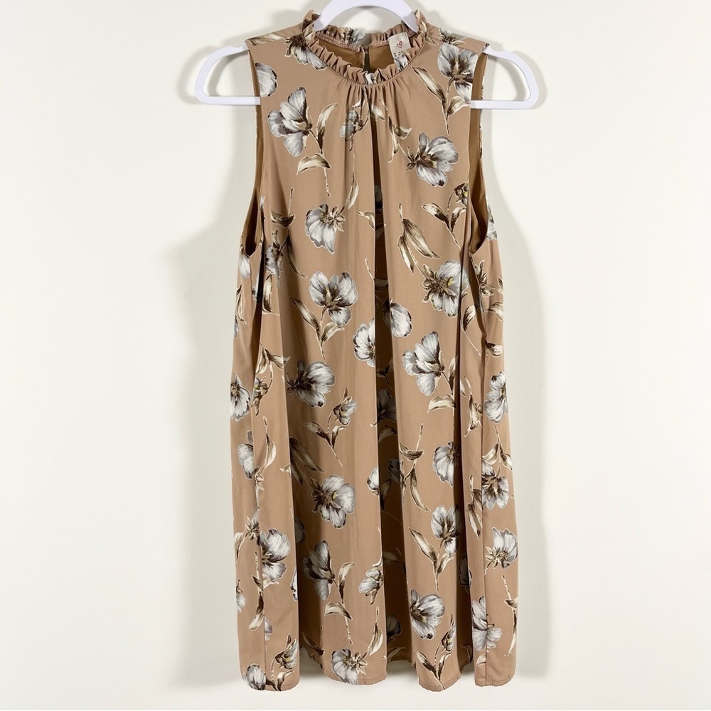 🤍 I Joah Ruffled Floral Dress Tan White Size Medium Summer Spring High Neck 🤍